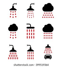 Shower vector icon set. Style is bicolor intensive red and black flat symbols isolated on a white background.