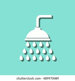 Shower vector icon with shadow. White illustration isolated on green background for graphic and web design.