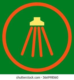 Shower vector icon. Style is bicolor flat circled symbol, orange and yellow colors, rounded angles, green background.