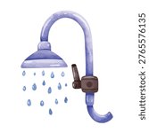 Shower vector illustration, hand drawn watercolor painting style, shower clip art, showering clip art, shower head with water drops vector image, shower water dripping pipe illustration