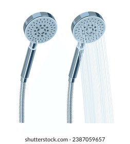Dusche zum Waschen. Wasser strömt aus der Dusche. Vektorgrafik auf weißem Hintergrund