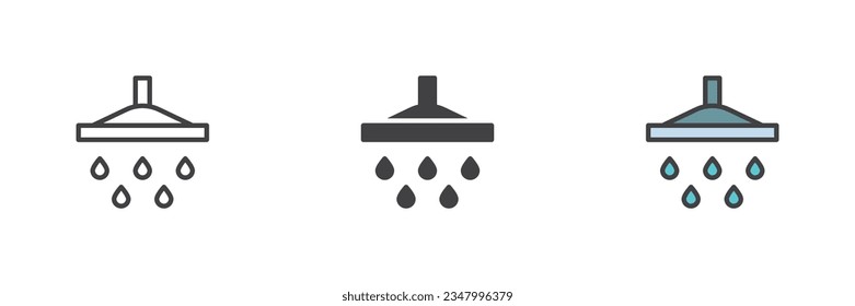 La ducha y el agua dejan caer un conjunto de iconos de estilo diferente. Línea, glifo y contorno relleno versión colorida, contorno y signo vectorial relleno. Símbolo del cuarto de baño, ilustración del logo. Gráficos vectoriales