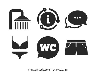 Shower water drops and swimwear symbols. Chat, info sign. Swimming pool icons. WC Toilet speech bubble sign. Trunks and women underwear. Classic style speech bubble icon. Vector