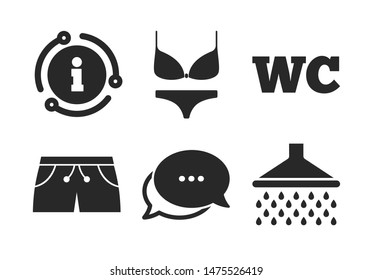 Shower water drops and swimwear symbols. Chat, info sign. Swimming pool icons. WC Toilet sign. Trunks and women underwear. Classic style speech bubble icon. Vector