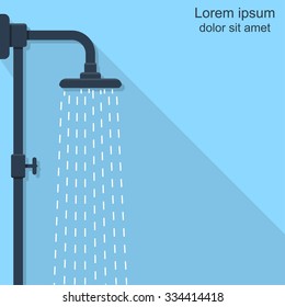 Shower water. Icon shower with long shadow. Flat design, vector illustration. Background