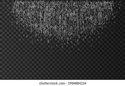 Shower.  Water spray with drops and bubbles isolated on transparent background. Vector rain realistic texture.