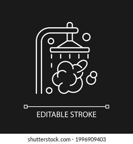 Shower white linear icon for dark theme. Shower faucet with running water. Daily everyday routine. Thin line customizable illustration. Isolated vector contour symbol for night mode. Editable stroke