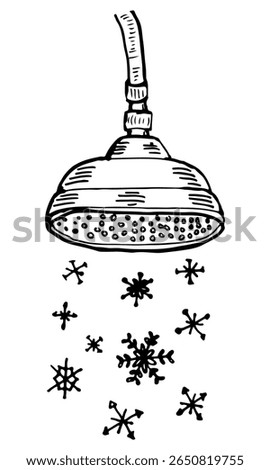 Showerhead with falling snowflakes, cold bath hand drawn vector art.