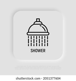 Showerhead with flowing water thin line icon. Vector illustration of hygiene for health.