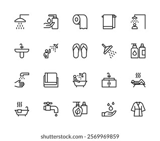 Showering and bathing related vector linear icons set. Contains such icons as shower, water, hand, antiseptic, paper, towel and more. Isolated hygiene related icons collection on white background.