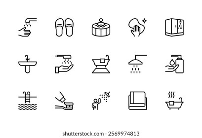 Showering and bathing related vector linear icons set. Isolated icon collection such as sauna, bathing, jacuzzi, faucet, water, bath slippers and more. Isolated icon collection of hygiene related.