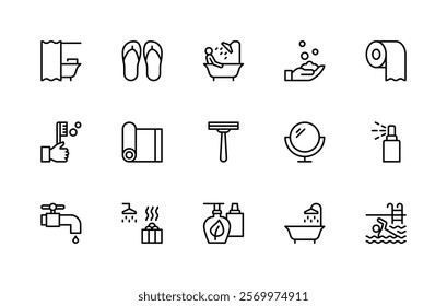 Showering and bathing related vector linear icons set. Isolated icon collection such as bath, slippers, razor, shower, bubbles, water, bathing and more. Isolated icon collection of hygiene related.