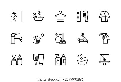 Showering and bathing related vector linear icons set. Isolated icon collection such as shower, bath, towel, comb, robe, person, shower head and more. Isolated icon collection of hygiene related.