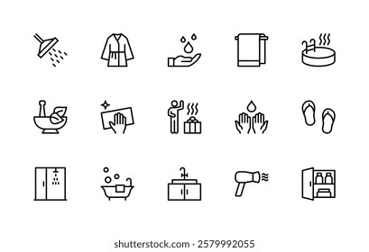 Showering and bathing related vector linear icons set. Isolated icon collection such as shower, robe, drop, towel, jacuzzi, aromatherapy, bath and more. Isolated icon collection of hygiene related.