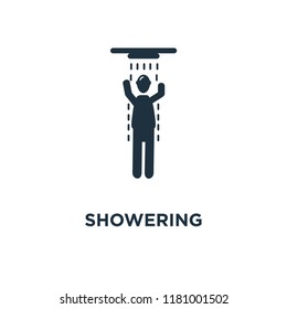 Showering icon. Black filled vector illustration. Showering symbol on white background. Can be used in web and mobile.