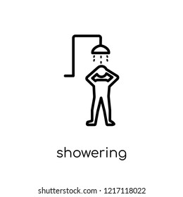 Showering icon. Trendy modern flat linear vector Showering icon on white background from thin line People collection, editable outline stroke vector illustration