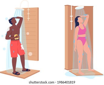 Showering semi flat color vector characters set. Figures taking shower. Full body people on white. Good hygiene isolated modern cartoon style illustrations collection for graphic design and animation