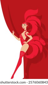 Showgirl opening Red Curtain. Cabaret dancer in red feather stage costume on Front Stage. isolated flat vector illustration
