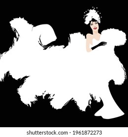 A showgirl wears a feathery costume.