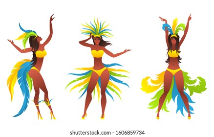 Showgirls with Brazilian Style Carnival Costumes, Carnaval Dancers - Illustration Vector