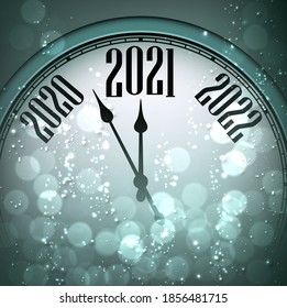 Сlocks showing 2021 year. Creative clocks with shiny stars on emerald green background. Vector holiday illustration.