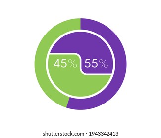 mit 45 und 55 %, einzeln auf weißem Hintergrund. 55 45% Kuchendiagramm Kreisdiagramm für Download, Illustration, Business, Web-Design