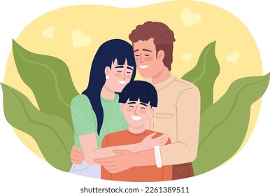 Showing affection to child 2D vector isolated illustration. Mother and father hugging excited son flat characters on cartoon background. Colorful editable scene for mobile, website, presentation