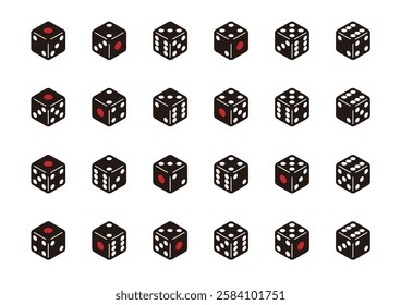 Showing all combinations on all sides. Simple vector icon set of black dice