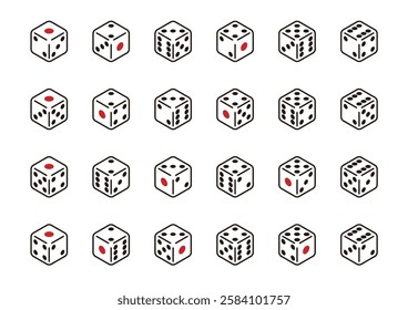 Showing all combinations on all sides. Simple vector icon set of white dice