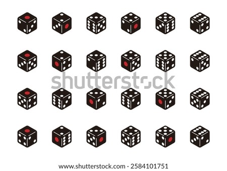 Showing all combinations on all sides. Simple vector icon set of black dice