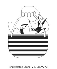 Showing basket full of products cartoon human hand outline illustration. Choosing reusable bag for shopping 2D isolated black and white vector image. Consumption flat monochromatic drawing clip art