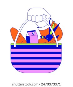 Showing basket full of products linear cartoon character hand illustration. Choosing reusable bag for shopping outline 2D vector image, white background. Consumption editable flat color clipart