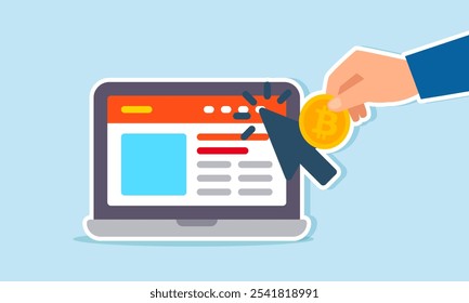 Showing bitcoin to a cursor pointing at a marketplace website on a laptop, illustration of promoting bitcoin investment through a website platform