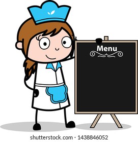 Showing a Blank Board - Retro Cartoon Waitress Female Chef Vector Illustration