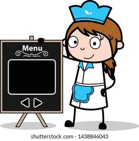 Showing a Blank Message Board - Retro Cartoon Waitress Female Chef Vector Illustration