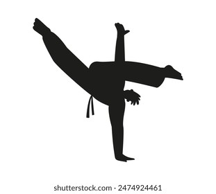 Showing capoeira in silhouette, demonstrating martial arts and dance fusion. Vector graphics of sports movements: handstands, kicks and traditional poses.