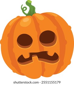 Showing a carved pumpkin grimacing, likely used as decoration for halloween, featuring triangular eyes and a crooked mouth