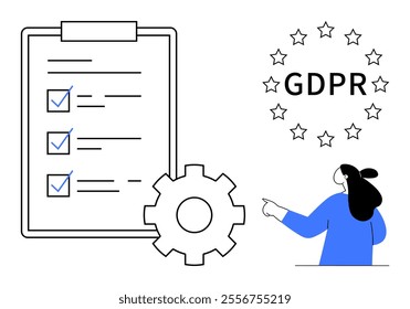 Showing a checklist, gear, and person pointing towards GDPR text encircled by stars. Ideal for data protection, GDPR compliance, privacy regulations, information security, and business policy. Simple