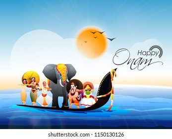 Showing culture of Kerala, King Mahabali, kathakali, Classical dancers and Elephant on Big Snake Boat for Onam Festival celebration concept.