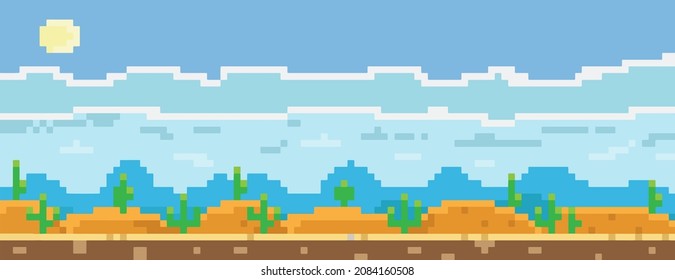 showing a desert in pixel art with mountains and blue sky in the background