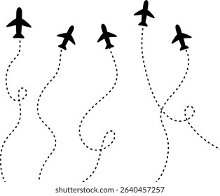 showing five silhouettes of airplanes with dotted lines depicting flight routes or maneuvers in the air	