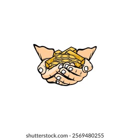 showing gold bars and gold coins on the palms of both hands vector illustration