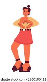 Showing heart sign semi flat color vector character. Attractive latina woman sharing love. Hands gesture. Editable full body person on white. Simple cartoon spot illustration for web graphic design