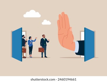 Showing her palm with to protect from new people. People management or human resources problem concept, business people employee resign and walk through exit door. Flat vector illustration