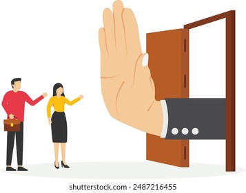 Showing her palm with to protect from new people. People management or human resources problem concept, business people employee resign and walk through exit door. Flat vector illustration

