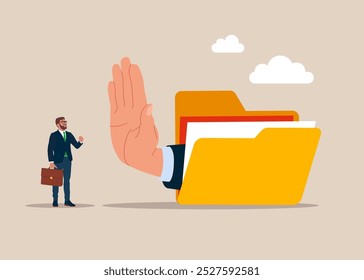 Showing her palm with refusing. Anti corruption scene with database. Flat vector illustration