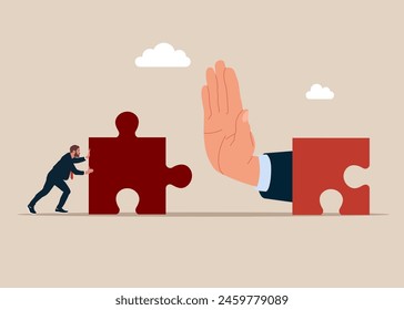 Showing her palm with refusing. Business difficulty or struggle with career to overcome to success. Symbol of working together, cooperation.