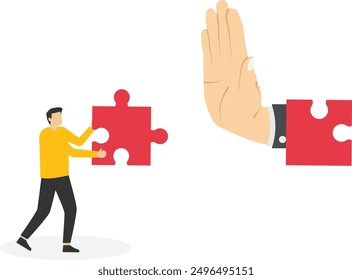 Mostrando su palma con negarse. Dificultad empresarial o lucha con la carrera para superar el éxito. Símbolo de trabajar juntos, cooperación.

