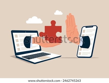 Showing her palm with refusing.  Collaboration and partnership. Decide jigsaw puzzle. Flat vector illustration. 