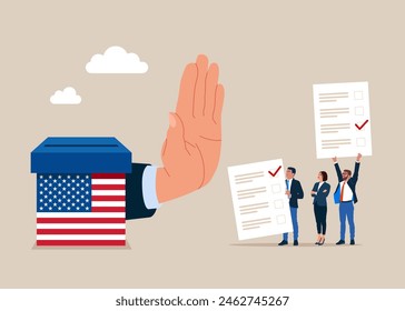 Showing her palm with refusing. Important news. Against voting in USA. Vote no campaign and protest signs for a political or social issue. Crisis in  United States of America. Vector illustration